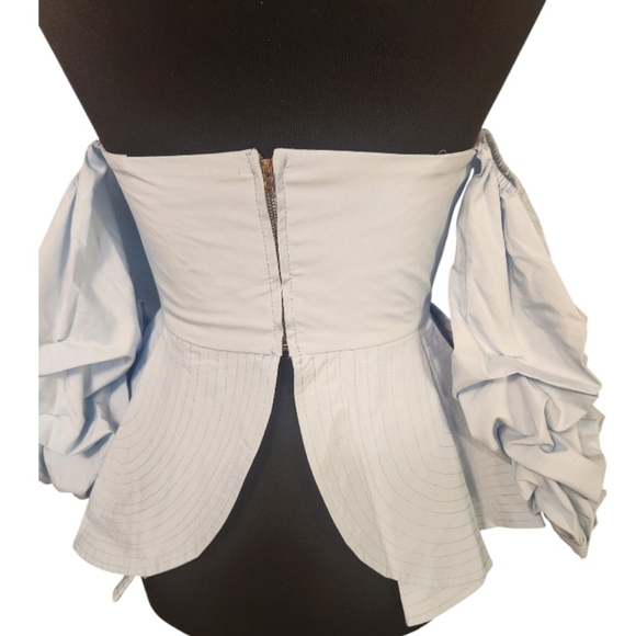 Beulah Style off shoulder bustier puff sleeve blue peplum top Size Small - Picture 2 of 16